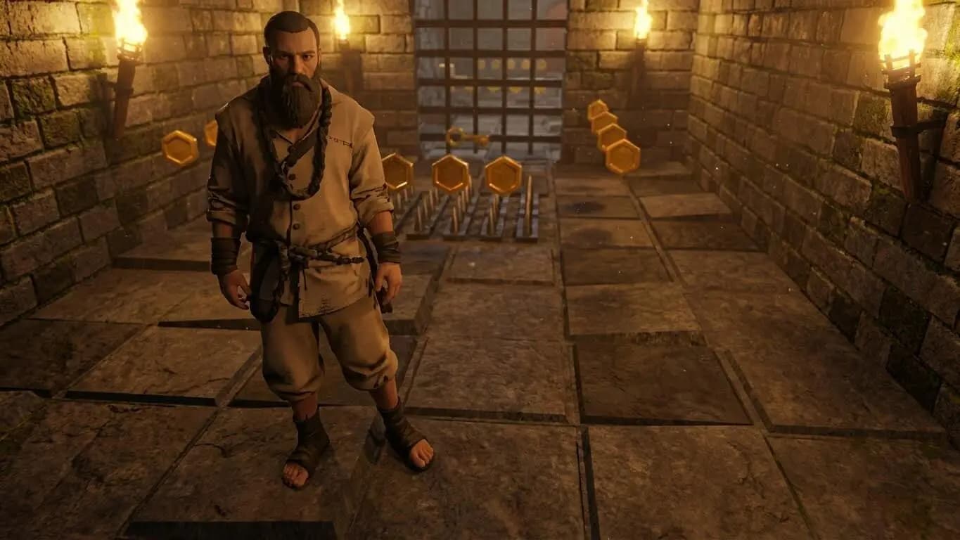 A dark dungeon crawler with a warrior exploring stone corridors.