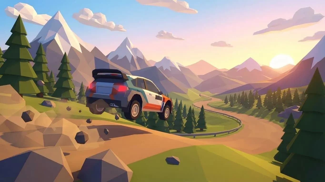 Playable 3D rally game created in Orio featuring a low-poly car jumping through a mountain canyon.