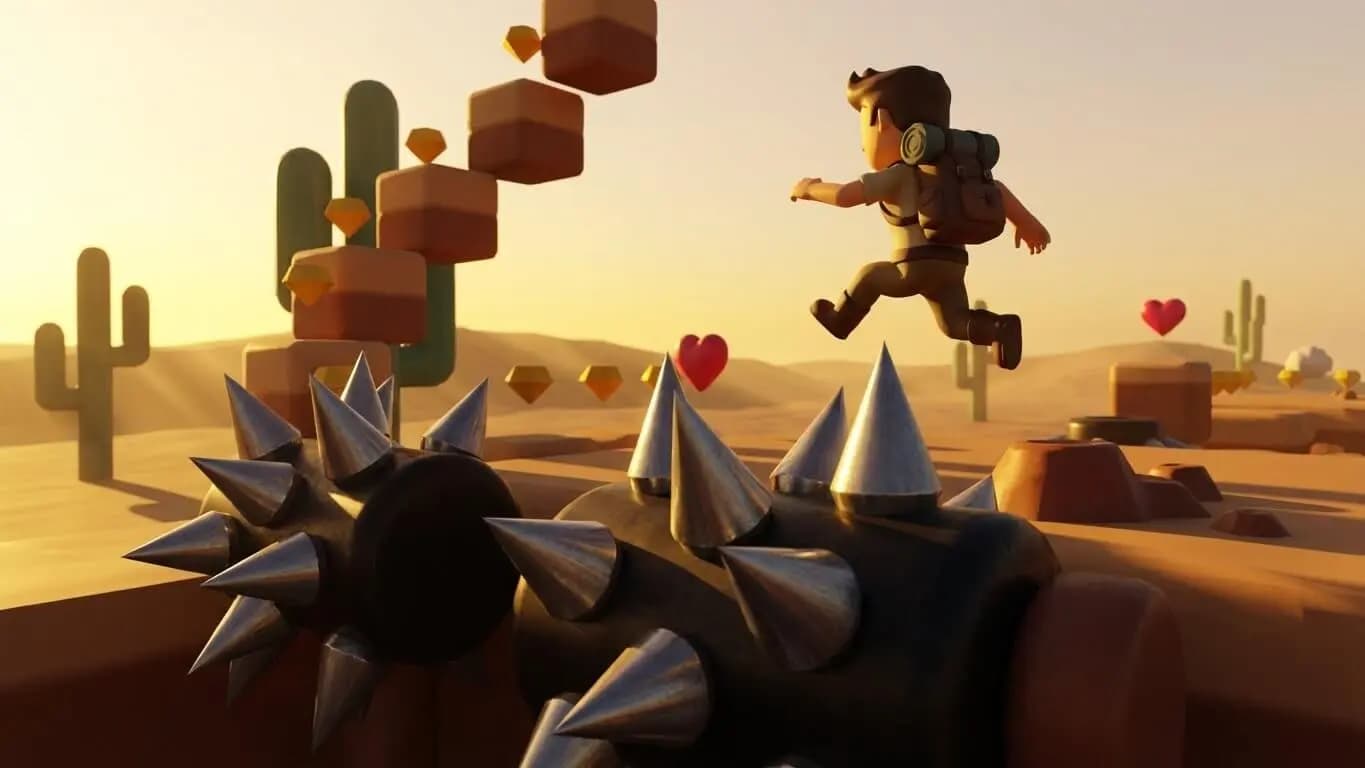 3D desert platformer world built in Orio with character mechanics like jumping and gem collection.