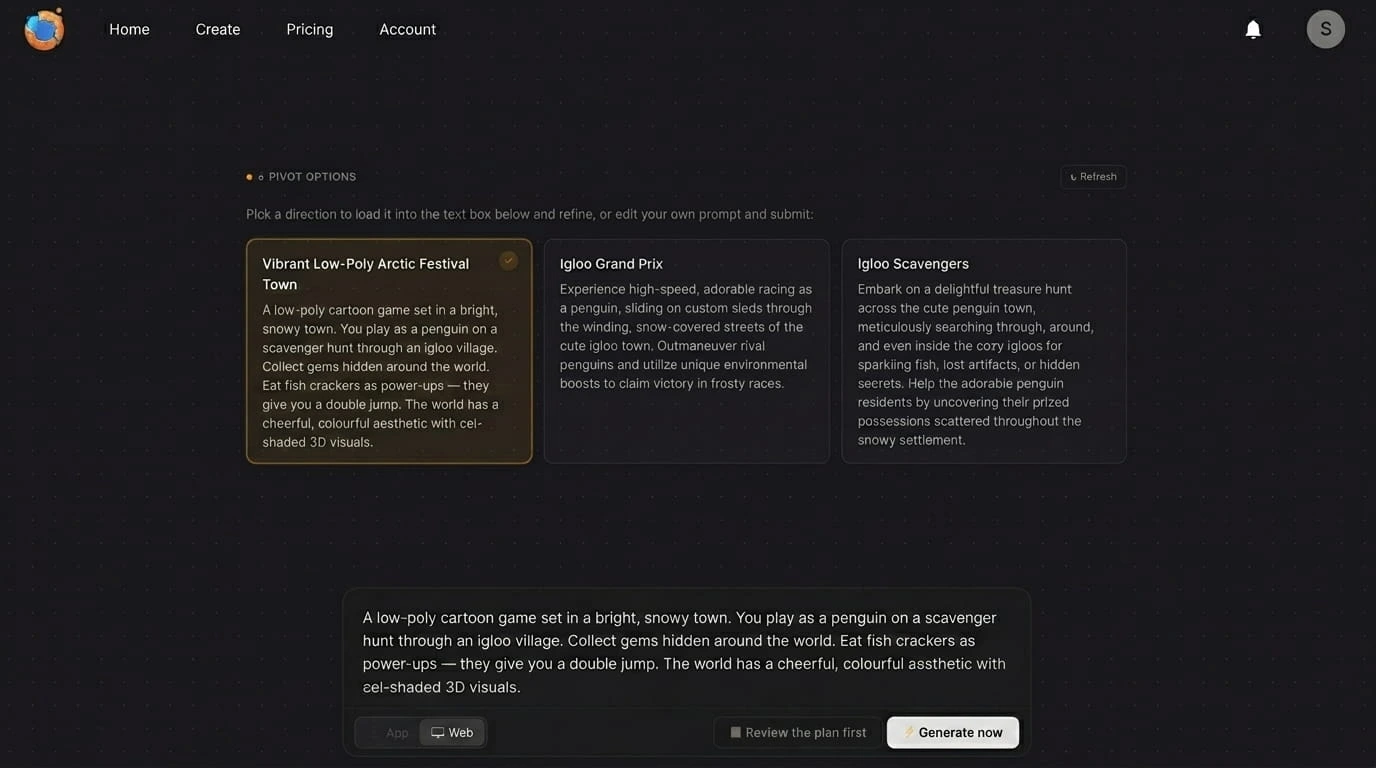 Orio's expanded game concept generated from a simple prompt.